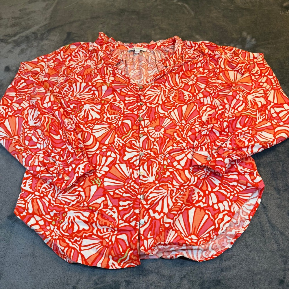 Alex & Jordan Red Floral‎ Print Ruffle Neck Button Down Blouse Womens Large